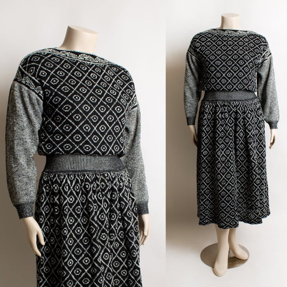 Vintage 90s Black White Geometric Sweaterdress Knit Knitwear 1990s Medium Large
